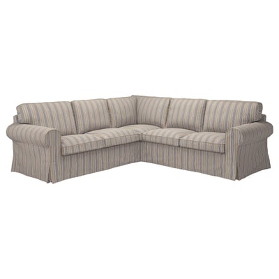Un canapé sectionnel EKTORP avec un tissu à rayures grises et beiges, offrant un design intemporel et confortable.