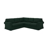 Canapé EKTORP en forme de L vert foncé, assises profondes, accoudoirs roulés, tissu moelleux.