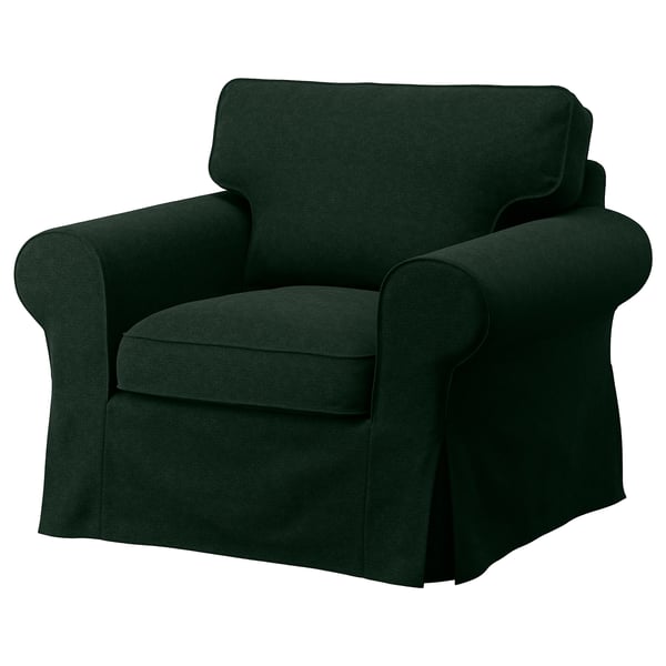 Fauteuil rembourré vert foncé, bords arrondis, tissu doux.