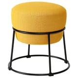 Un pouf emmislov jaune avec une assise ronde et rembourrée et un cadre en métal noir.