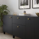 Armoire noire moderne avec poignées dorées, avec des objets décoratifs et des plantes.