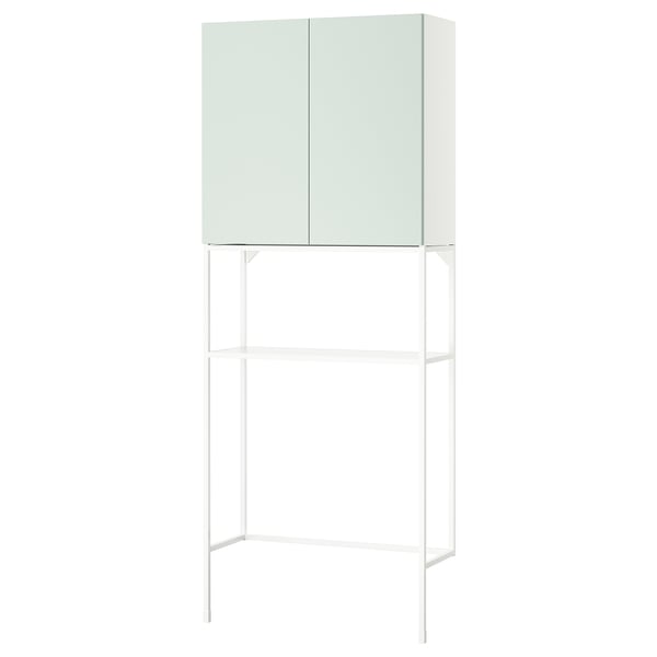 Une armoire ENHET en gris-vert clair, une combinaison pour le rangement mural et au sol avec une utilisation minimale de l’espace, avec une construction en métal et en panneaux de particules.
