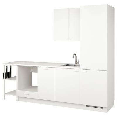 Set de cuisine blanc moderne : ENHET. Armoires, évier et comptoir. Design épuré et minimaliste aux lignes épurées.