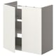 Option : Un meuble de salle de bain ENHET blanc avec une porte ouverte, révélant des étagères à l’intérieur. Il est rectangulaire, moderne et fabriqué à partir de panneaux de particules et de plastique.