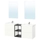Ensemble de meuble-lavabo moderne avec deux lavabos blancs, deux grands miroirs et une étagère noire.