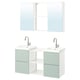 Vanité de salle de bain moderne, vert et blanc, double vasque, armoires à miroir.