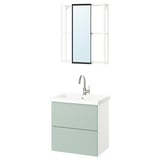 Meuble-lavabo et miroir ikea ENHET vert avec 2 tiroirs, évier blanc et robinet chromé.