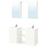 Vanité de salle de bain blanche symétrique avec double vasque, miroirs et rangement.