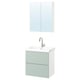 Option : Armoire verte, évier blanc, miroir au-dessus.