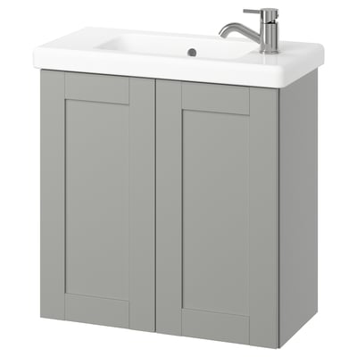 Vanité grise ENHET : moderne, murale avec vasque blanche, plateau en céramique lisse, portes à cadre gris.
