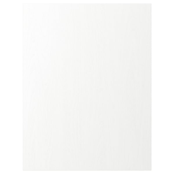 ENKÖPING : porte d’armoire blanche, carrée, à panneau plat avec une texture subtile de grain de bois, fabriquée à partir de panneaux de particules et de papier d’aluminium.