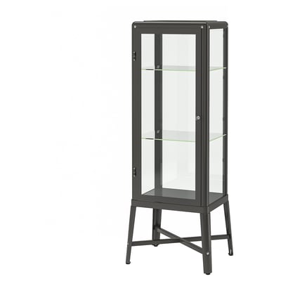 Armoire à portes vitrées en métal noir, FABRIKÖR, étagères réglables.