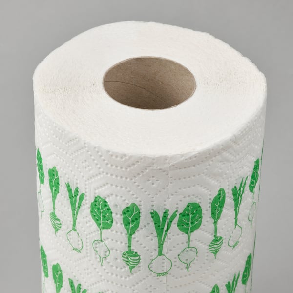 Rouleau de papier absorbant avec un motif végétal vert, solide et absorbant.