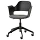 Chaise de bureau noire FJÄLLBERGET avec tissu gris, dossier en bois, accoudoirs, hauteur réglable et cinq roulettes.