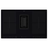 Fördelaktig plaque à induction noire avec hotte aspirante intégrée, design élégant, efficace et peu encombrante.