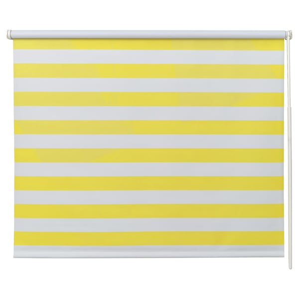 Store enrouleur FRIDANS : rayures jaunes et blanches acidulées. Conception sans fil, bloque la lumière. Tissu en polyester recyclé, sûr et fonctionnel.