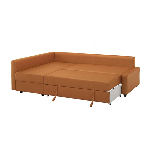 Canapé FRIHETEN orange avec lit intégré, revêtement en tissu, design moderne.