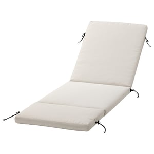 Coussin de bain de soleil d’extérieur beige avec fermeture éclair et attaches, forme rectangulaire, tissu léger et hydrofuge.