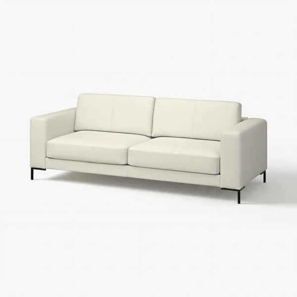 Canapé moderne en cuir blanc, design minimaliste, lignes épurées, coussins confortables, pieds en métal noir.