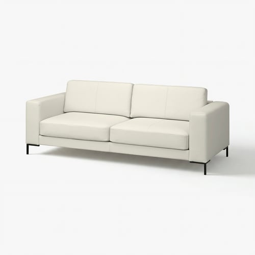 Canapé moderne en cuir blanc, design minimaliste, lignes épurées, coussins confortables, pieds en métal noir.
