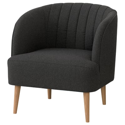Chaise tonneau fullosa gris foncé avec pieds en bois, capitonnage dorsal, forme ergonomique de soutien.