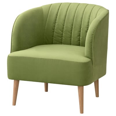 Chaise tonneau vert Fullosa, confortable, pieds en bois, dossier incurvé, rembourrage élégant.