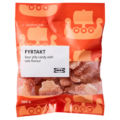 Sac de bonbons FYRTAKT, gelées aigres à l’orange au goût de cola, 100g, sans gélatine.