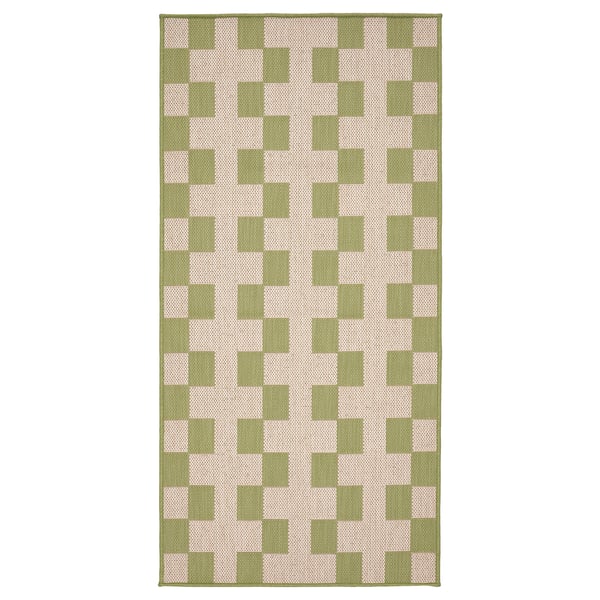 Tapis GÅNGSTIG : motif à carreaux vert clair et blanc, rectangulaire, doux, utilisation intérieure/extérieure.