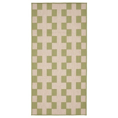 Tapis GÅNGSTIG : motif à carreaux vert clair et blanc, rectangulaire, doux, utilisation intérieure/extérieure.