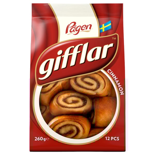 Boîte à pâtisserie à la cannelle Gifflar par pagen, montrant des pâtisseries en spirale, 260g, 12 pièces.