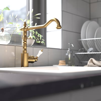 Le robinet de cuisine GLITTRAN doré se dresse haut, bronze, avec des poignées blanches, posées contre des carreaux gris, près d’un égouttoir à vaisselle.