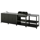 Station de grill extérieur noir avec évier et rangement. Acier inoxydable durable et métal enduit de poudre. Parfait pour les barbecues dans la cour.