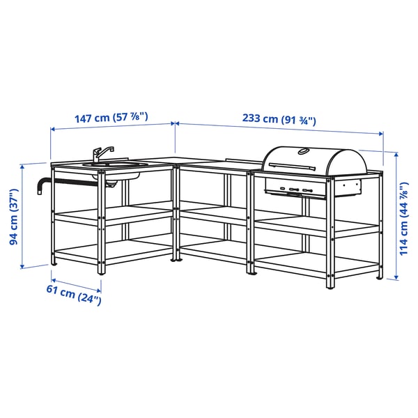 GRILLSKÄR Meuble évier/barbecue charbon, ext, acier inoxydable, 233x147 cm