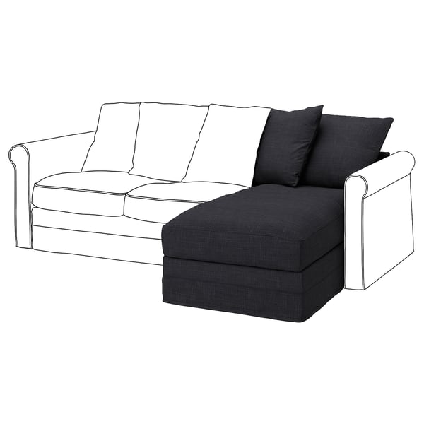 Canapé moderne en forme de L, gris foncé, rembourrage doux, avec deux coussins, lignes épurées.