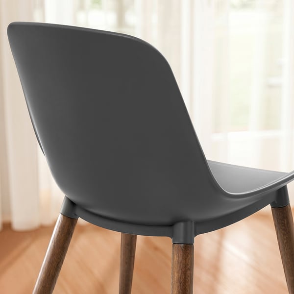 Chaise moderne en plastique avec pieds en bois, élégante et confortable.