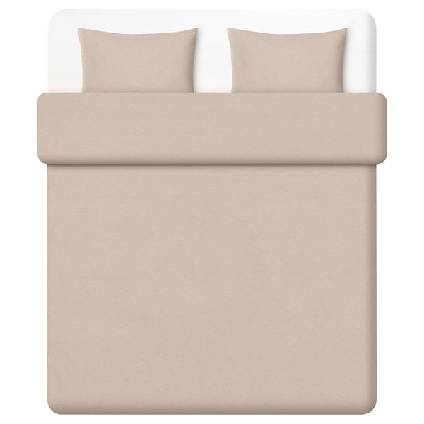 Vue de dessus de l’ensemble housse de couette beige GROVSNÄRJA, lisse et chaude, en coton doux.