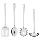 Quatre ustensiles de cuisine en acier inoxydable : spatule, cuillère, écumoire, louche, tous avec de longues poignées et des motifs similaires.