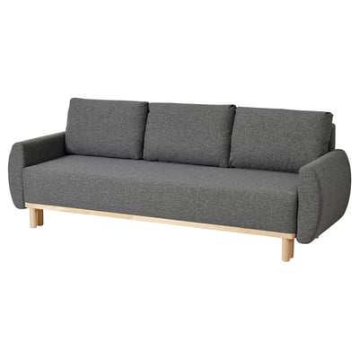 Canapé-lit GRUNNARP gris avec pieds en bois, se transforme en lit double, offre un espace de rangement.