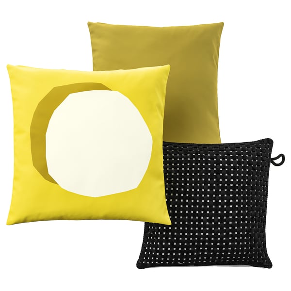 GULLBERGSÖ / HJÄRTERÖ Coussin, lot de 3, jaune vif/blanc jaune vert/noir extérieur/intérieur, 50x50 cm