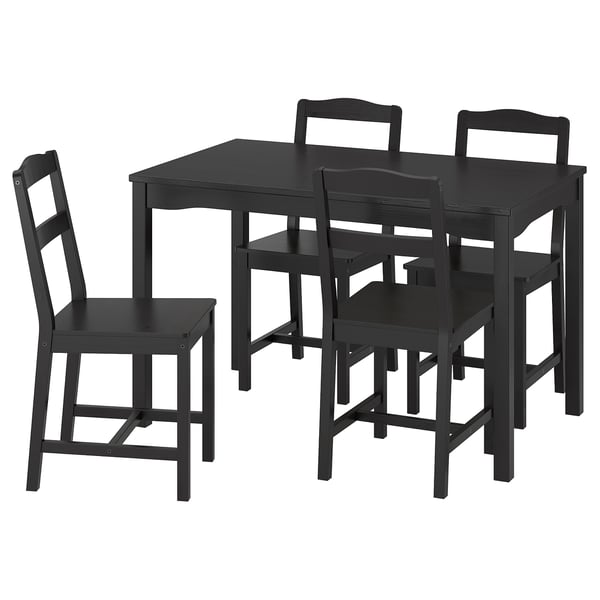 Ensemble de salle à manger en bois noir avec table carrée et quatre chaises assorties : un design épuré idéal pour les petits espaces.