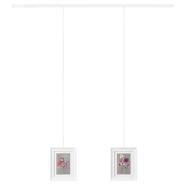 Le rail de suspension mural pour tableau peut contenir 1 ou 2 cadres, longueur réglable, comprend des crochets et des fixations murales.