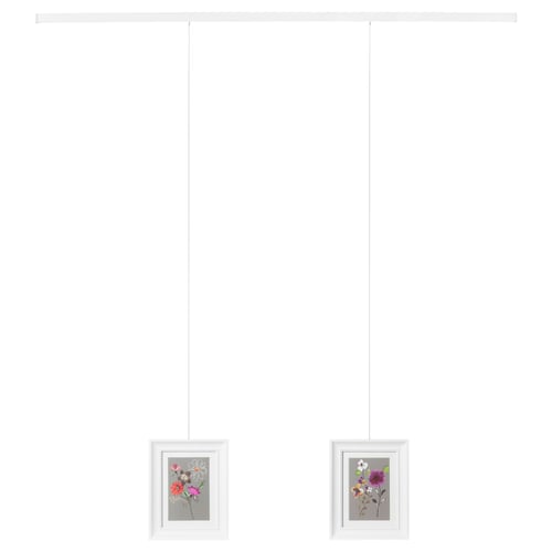 Le rail de suspension mural pour tableau peut contenir 1 ou 2 cadres, longueur réglable, comprend des crochets et des fixations murales.