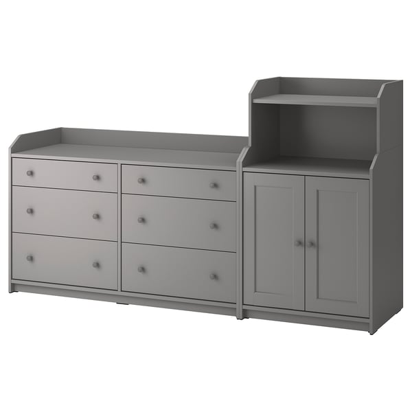 Set de rangement HAUGA gris : commode large avec 6 tiroirs et armoire à 2 portes pour une utilisation polyvalente.
