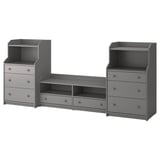 Ensemble de meubles HAUGA gris : coffre, banc, colonne avec rangement ouvert/fermé, design moderne, fixation murale de sécurité.