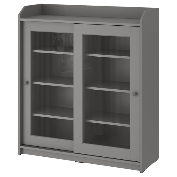 Armoire grise HAUGA, portes en verre, design coulissant, murale, forme rectangulaire, style moderne.