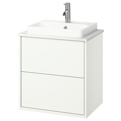 Un meuble-lavabo HAVBÄCK blanc avec un lavabo rectangulaire et un robinet chromé. Il s’agit d’un design élégant et moderne avec deux tiroirs de rangement et un comptoir blanc.