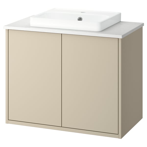 Meubleuse Havbaeck beige avec un plan de travail en marbre blanc et un bassin rectangulaire.