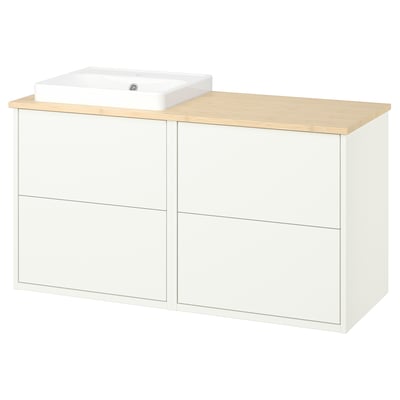 Meuble de salle de bain blanc avec plateau en bois, deux tiroirs et un bassin rectangulaire en céramique.