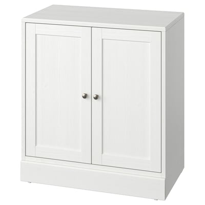 Une armoire HAVSTA en blanc avec des détails en bois, une forme rectangulaire et un design simple adapté à divers décors.