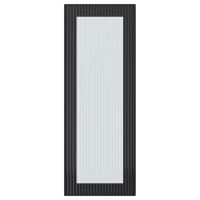 Porte en verre à cadre noir avec lignes verticales et centre givré.